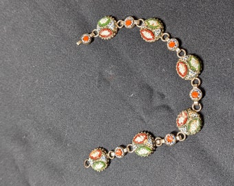 FREE SHIPPING- Antique Victorian Style Micro Mosaic Link Bracelet. 7" Long
