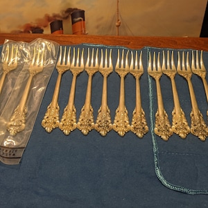 FREE SHIPPING- Set of 12- 3 Pronged Seafood/Cocktail Forks. Sterling Silver -Wallace Grand Baroque 1941.No Monogram. See below re:condition.