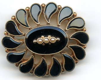 FREE SHIPPING-Victorian-Antique-Mourning-14K-Gold-Black-Onyx-Tears-Natural-Seed Pearl-Pin-Brooch