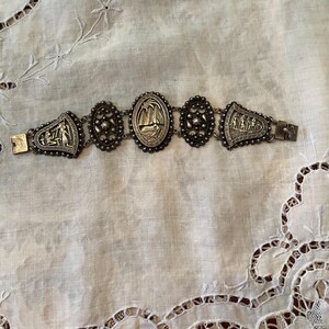 FREE SHIPPING-Egyptian Revival-Silver 800 Sterling-1920s Bracelet-Pyramids and Sphinx Scene-Ethnic Egypt-7.5 X 1 3/4