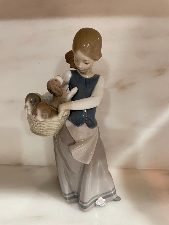 Lladro-girl Holding a Basket of Puppies on Her Hip-little Dogs on