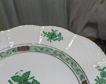 FREE SHIPPING- Vintage, Herend Hand Painted Crescent Salad Plate. Green Chinese Bouquet Pattern with 24k Gold Rosettes.