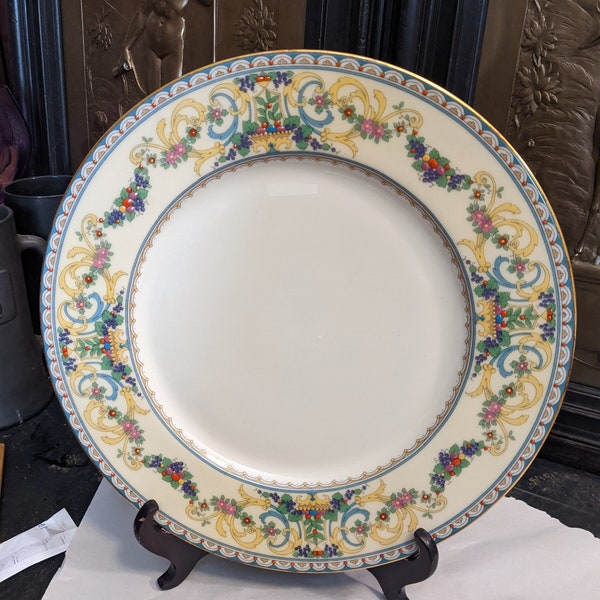 FREE SHIPPING: Rare! Size 10.5"d Dinner Plate- Lenox Renaissance Fine China with Enameled Fruit and Blue and Yellow Scrolls. See Info below!