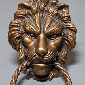 FREE SHIPPING- Vintage Artist Signed, Cast Bronze Lion Door Knocker with Rope Style Ring (No Hit Plate). Venetian Artist Signature on Back