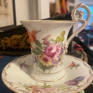 FREE SHIPPING-Meissen-German-Tall floral Cup and Saucer