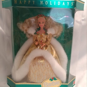FREE SHIPPING-Special Edition &quot;Happy Holidays&quot; 1994 Blonde Barbie in Gold Dress with Fur Trim. Mint Condition. New in Box. # 12155