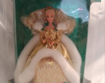 FREE SHIPPING-Special Edition "Happy Holidays" 1994 Blonde Barbie in Gold Dress with Fur Trim. Mint Condition. New in Box. # 12155