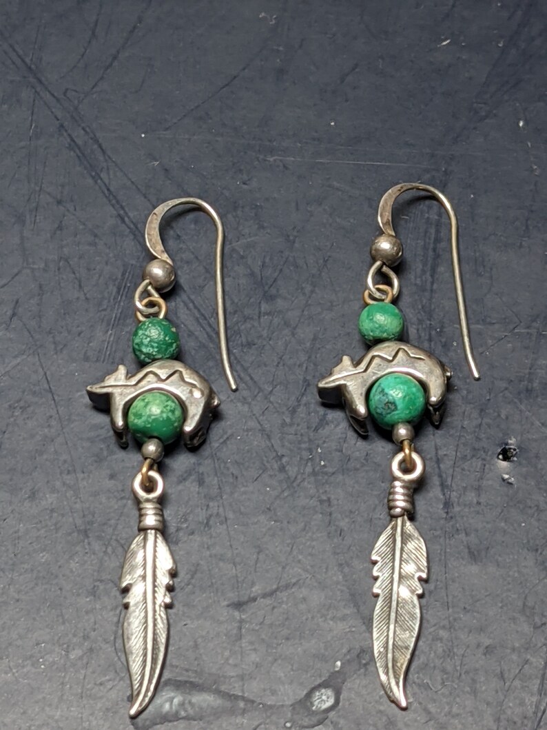 Bear with Feather Pierced Earrings FREE SHIPPING Vintage Sterling Silver Native American Inspired Earrings with Rough Cut Turquoise Beads