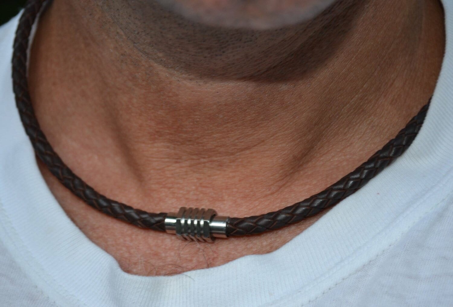 Men's Black Round Braid Leather Necklace 20 Inches