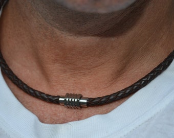 Men's Leather Necklace,Woven Leather Necklace for Man, Leather Necklace, Collar Necklace for Men, magnetic clasp leather necklace