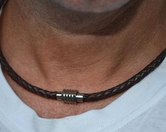 Men&#39;s Leather Necklace,Woven Leather Necklace for Man, Leather Necklace, Collar Necklace for Men, magnetic clasp leather necklace