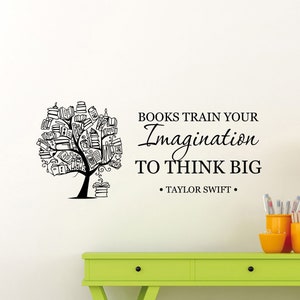 Books Train Your Imagination Wall Decal Swift Quote Print Reading Wall Art Tree of Book Vinyl Sticker Home Library Sign School Decor 14asl