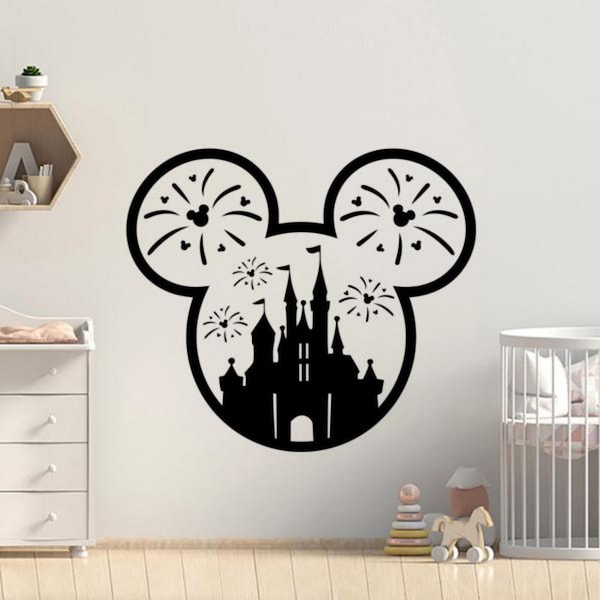 Castle Wall Decal Vinyl Sticker Mouse Ears Castle Decor Firework Wall Art Sign Car Window Print Kids Room Nursery Poster Gift 2283