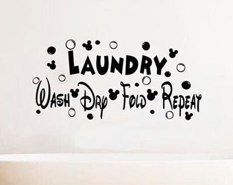 Laundry Wall Decal Vinyl Sticker Wash Dry Fold Repeat Mouse Ears Head Poster Print Home Housewares Lettering Wall Art Decor Mural 75asl