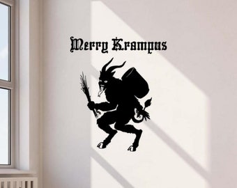 May include: Black and white silhouette of a Krampus figure with horns, a sack, and a bundle of twigs. The text "Merry Krampus" is above the figure.