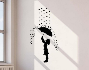 Hearts Rain Umbrella Girl Wall Decal Vinyl Sticker Nursery Decor Bedroom Wall Art Sign Print Poster Car Stencil Gift Mural Quote 2095