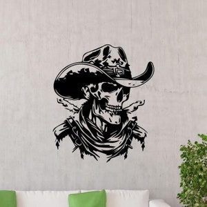 Naklejka ścienna z czaszką kowboja Naklejka winylowa Outlaw Decor Bandit Skull Wall Art Skeleton Gangster Sign Car Truck Print Poster Gift Mural 1934