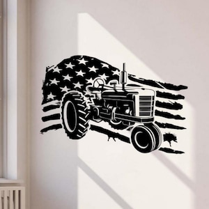 American Flag Tractor Wall Decal Vinyl Sticker Farmhouse Decor Sign Country Wall Art Farmer Gift Kids Poster Stencil Car Truck Mural 2254