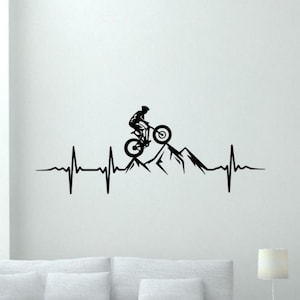 Mountain Bike Wall Decal Vinyl Sticker MTB Mountain Heartbeat Decor Biking Wall Art Camp Trailer Sign Print Bicycle Poster Hiker Gift 2083
