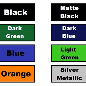 May include: A grid of color swatches with text labels. Colors include red, yellow, pink, brown, black, dark green, blue, orange, matte black, dark blue, light green, silver metallic, white, burgundy, gold, and purple.