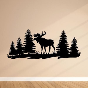 Calcomanía de pared de alce, pegatina de vinilo, decoración de bosque, pino, ciervo, caza, arte de pared, cazador de bosque, cartel de regalo, cartel de coche, Mural, impresión de madera 2116