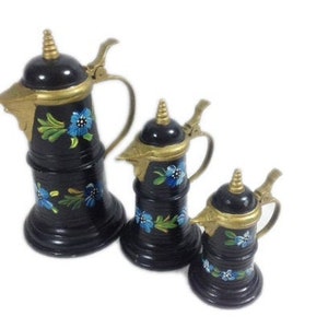 Hand Painted Pewter Pitcher Set Of 3 Vintage Hand Painted Pewter Pitchers