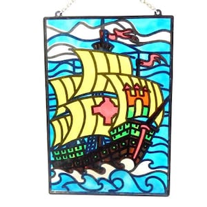 Schiff an Meer Gebeiglas Fenster Aufhänger bemalt Glas Fenster Aufhänger Vintage Glasmalerei Schiff Glas Boot Aufhänger