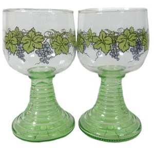 2 Painted Grapevine Roemer Wine Glasses Green Foot Roemer Glasses Vintage Green German Glasses Vintage Roemer Glasses