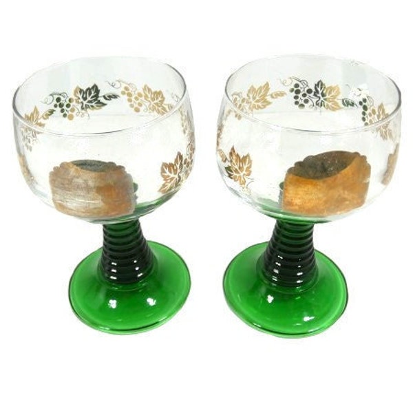 2 Gold Painted Roemer Wine Glasses Green Foot Roemer Glasses Vintage Green German Glasses Vintage Roemer Glasses