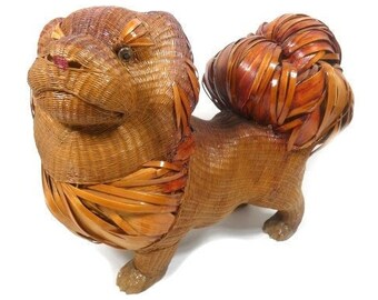 Beautiful Vintage Chinese Wicker Ratan Dog Sculpture Pekingese Shih Tzu Handicfraft