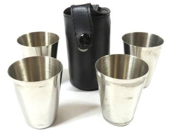 Vintage Set Of 4 Shot Glasses With Black Leather Case Vintage Retro Liquor Glasses Travel Shot Glasses NR 3