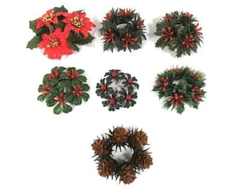 2 Vintage Christmas Candle Rings Artificial Leaves Holly Pine Cones Berries Poinsettia