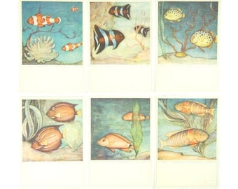 May include: Six vintage art prints featuring colorful illustrations of various fish species in an underwater setting. The prints showcase clownfish, striped fish, and other marine life, with a soft, watercolor-like aesthetic.
