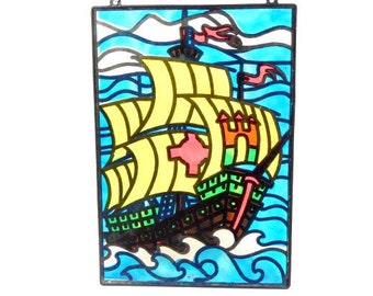 Ship At Sea Stained Glass Window Hanger Painted Glass Window Hanger Vintage Stained Glass Ship Glass Boat Hanger