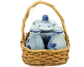 Vintage Salt Pepper And Mustard Set In Wicker Basket Blue Ceramic Salt And Pepper Shakers