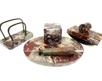 Vintage Red Brown Marble Inkwell Letter Stand Desk Set Writing Set