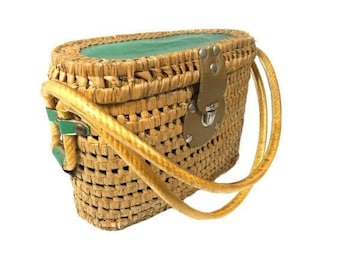 Bolso de mano de paja vintage tejido de rafia y ratán, bolso de viaje, estuche de maleta, caja de viaje, bolso de bambú, bolso de bambú, bolso, maletín