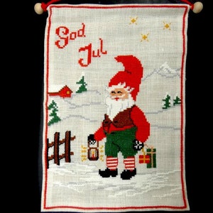 Vintage Christmas Santa Claus Hanger Cross Stitch Wall Hanger Window Hanger Needlework Embroidery Scandinavian Design