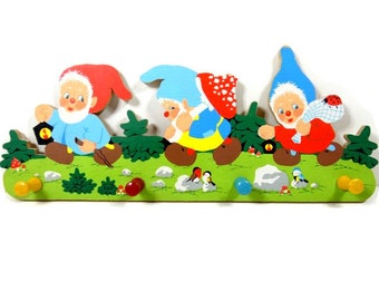 Vintage Gnomes Coat Hanger Wooden Hanger Hand Painted Kids Coat Hanger Forest Gnomes Mushroom Bird