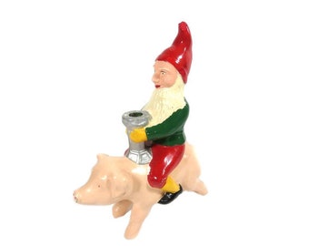 Vintage Christmas Elf Pixie Riding A Pig Candle Holder Scandinavian Design Nordic Christmas