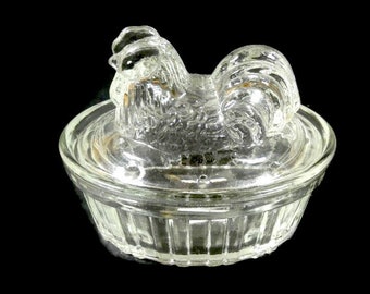 Vintage Glass Chicken Butter Dish - Glass Rooster Candy Dish