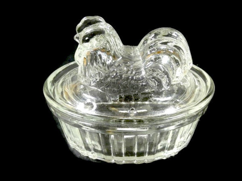 Vintage Glass Chicken Butter Dish Glass Rooster Candy Dish image 1