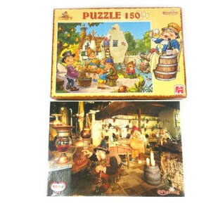 May include: A 150 piece jigsaw puzzle featuring a cartoon illustration of a group of people in a tavern setting. The puzzle box shows a scene of people gathered around a table with a barrel of beer. The puzzle box is brown with a red and white label. The puzzle is made by the company 'Erlenbach'.