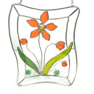 Vintage Stained Glass Window Orange Green Flower Unique Glass Hanger Window Hanger Suncatcher