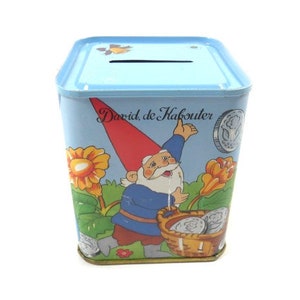 Vintage David The Gnome Tin Money Bank Piggy Bank Storage Can Tin Storage Box