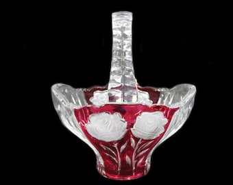 Vintage Anne Hutte Lead Crystal Bonbon Basket Dish With Roses Candy Dish Serving Bowl German Glass Design