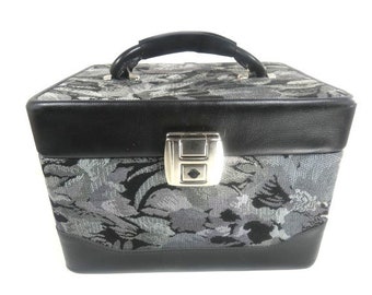 Vintage Black Gray Beauty Case Fabric and Vinyl Jewelry Box Beauty Case Travel Box Travel Case Small Suitcase Jewelry Box Nr 3
