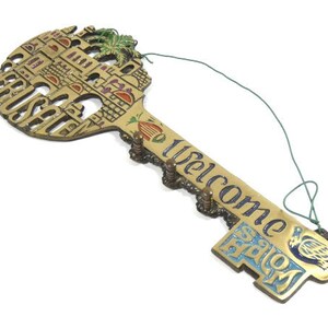 Vintage Brass Key Hanger Welcome Shalom Jerusalem Brass Hanger Key Shaped Hanger Solid Brass Oppenheim Israel