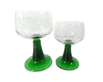 2 Engraved Roemer Wine Glasses Green Foot Roemer Glasses Vintage Green German Glasses Vintage Roemer Glasses
