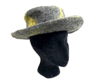 Vintage grijze en gele vilten hoed vilten hoed handgemaakte vintage hoed vintage retro design boater hat stijl Accessoires Hoeden & petten Boaters & Panamahoeden 